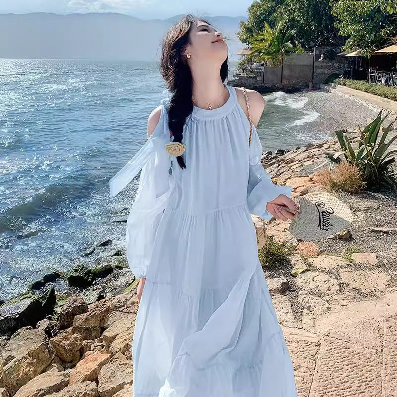Take off浅蓝海边度假连衣裙女春夏今年流行漂亮甜美露肩仙女裙子