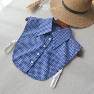 爱馨儿原创蓝格100%纯棉假领子设计感大尖领假衬衫 小众领 春秋新款