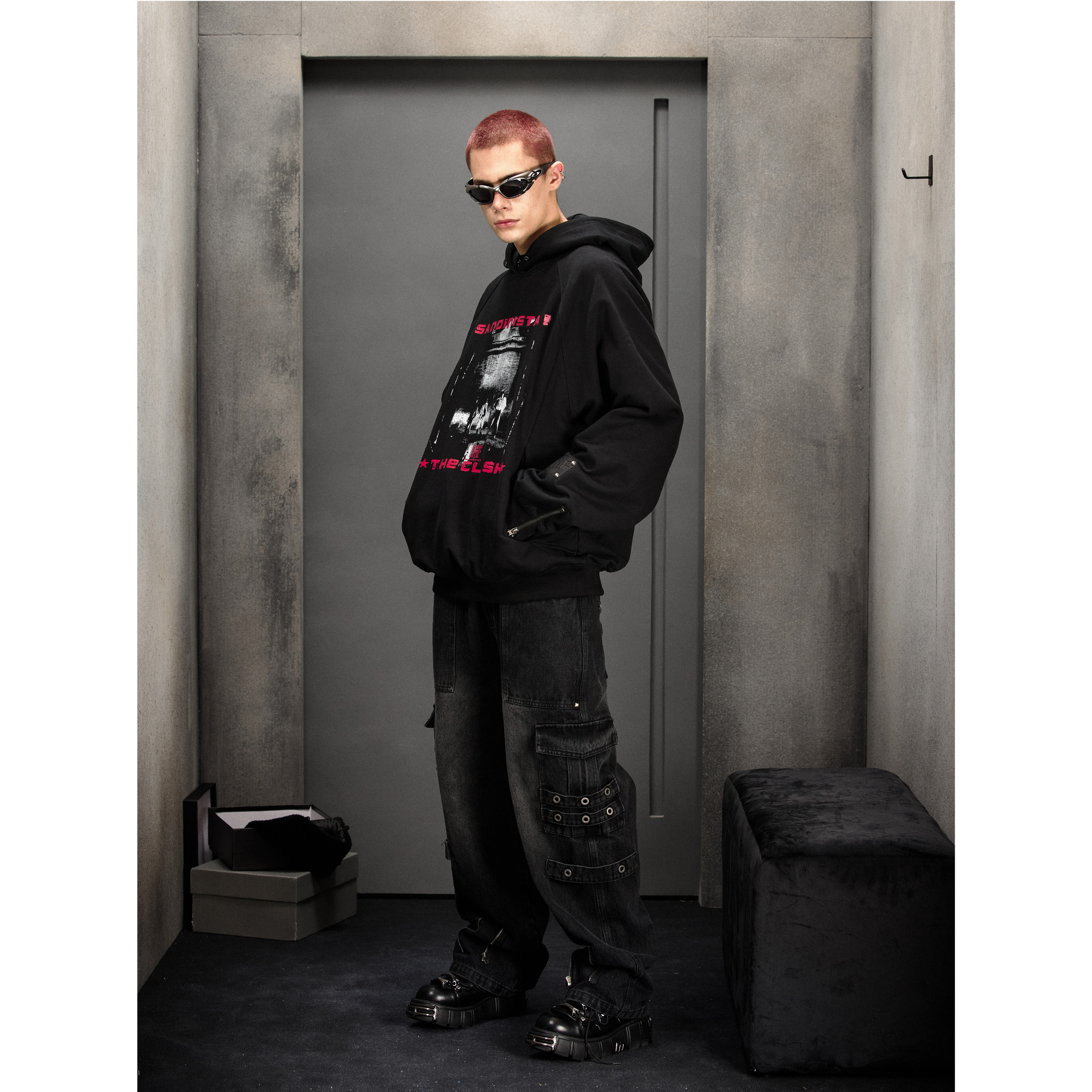 70s朋克乐队唱片印花连帽卫衣