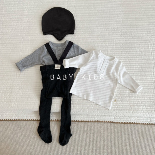 ins春秋男女宝宝白色圆领打底衫 灰色上衣T恤 婴幼儿百搭坑条长袖