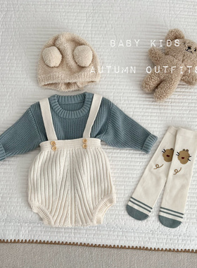 INS秋冬男女宝宝显白蓝色套头针织毛衣+包屁针织背带短裤套装衣服