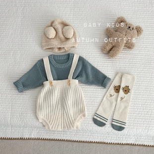 INS秋冬男女宝宝显白蓝色套头针织毛衣+包屁针织背带短裤套装衣服