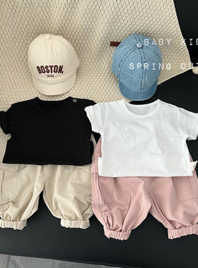 婴幼儿童夏季工装裤男宝宝春季帅气百搭粉色裤子外出收脚休闲裤