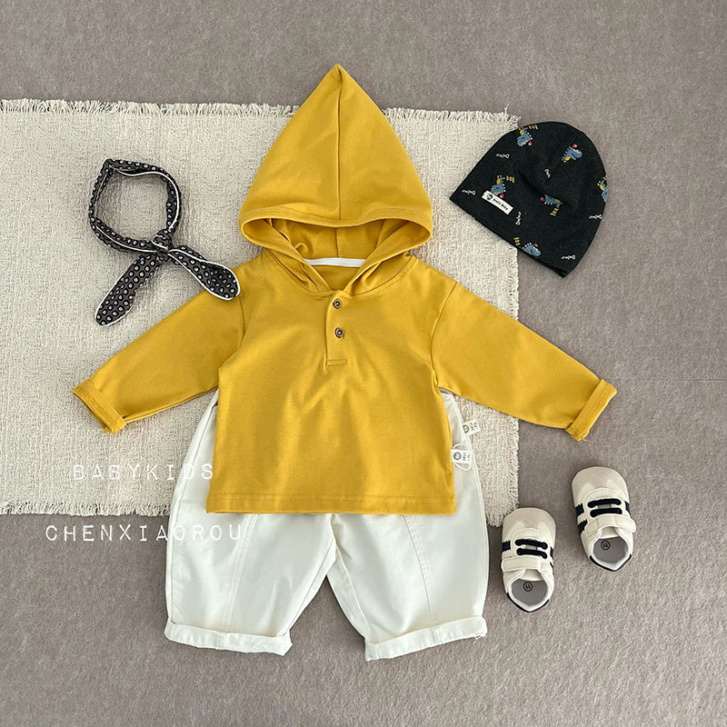 ins男女宝宝春秋显白黄色连帽T恤婴幼儿春装可爱外出衣服百搭卫衣