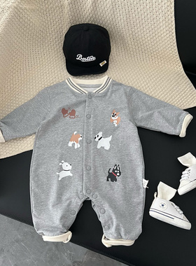 男宝宝春装衣服婴幼儿百天周岁帅气灰色连体衣新生儿全开扣爬服潮