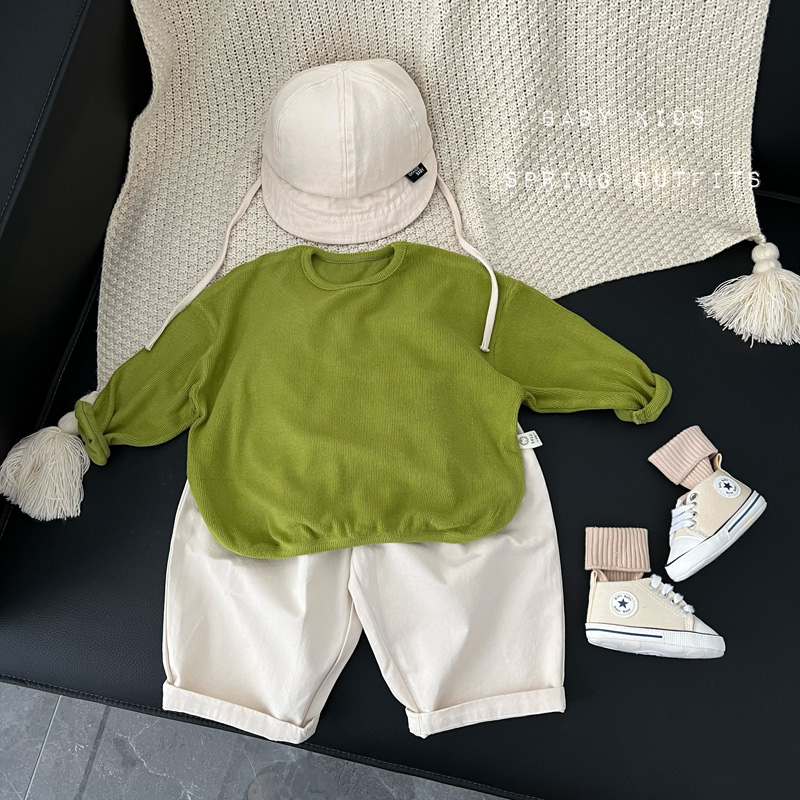 2025秋季男女宝宝休闲宽松软糯套头T恤婴幼儿百搭牛油果绿上衣潮