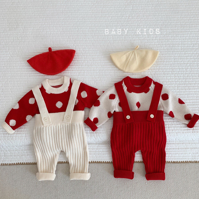 ins秋冬婴幼儿针织上衣+背带裤套装男女宝宝红色喜庆百天周岁衣服,童装/婴儿装/亲子装,套装,淘宝优惠券,粉丝福利购,淘宝优惠卷