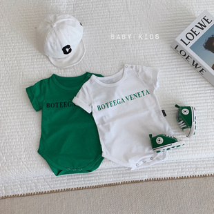 ins夏季男女宝宝简约字母潮范白色短袖连体哈衣婴幼儿绿色爬爬服