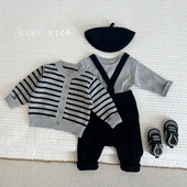 INS秋冬男女宝宝黑灰条纹针织开衫 婴幼儿童帅气毛线上衣毛衣外套