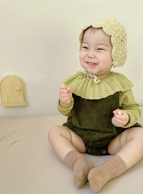 INS春秋女宝宝洋气绿色灯芯绒背带短裤+针织荷叶领毛衣打底衫套装