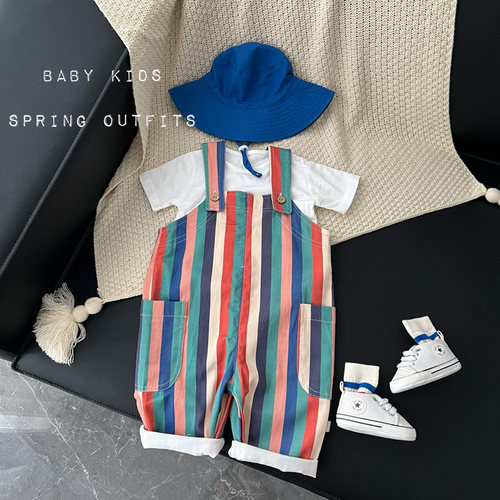 ins风男女宝宝春夏薄款彩虹背带裤婴幼儿童洋气条纹连体衣爬服潮