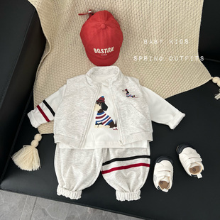 男宝宝春装衣服婴幼儿春季T恤马甲套装百天周岁帅气衣服男童裤子