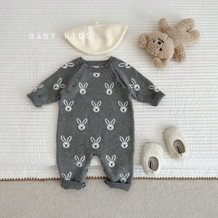 春秋男女宝宝小兔子针织套头连体衣婴幼儿毛线百天周岁哈衣爬爬服