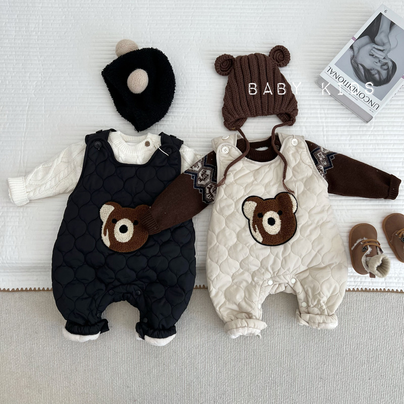 ins冬季婴幼儿夹棉加绒可爱小熊无袖连体衣男女宝宝背带裤爬爬服