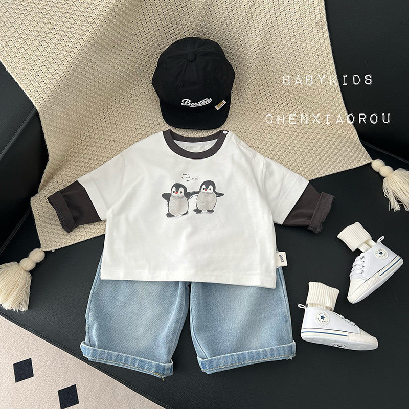 男宝宝春装新款长袖t恤春款婴幼儿假两件上衣小童企鹅卡通打底衫,童装/婴儿装/亲子装,T恤,淘宝优惠券,粉丝福利购,淘宝优惠卷