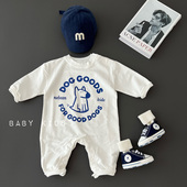 婴幼儿童春秋长袖 套头连体衣男女宝宝白色字母潮范外穿爬服哈衣服