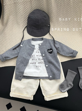 ins男女宝宝春秋百搭针织开衫婴幼儿童春装衣服灰色外出上衣外套