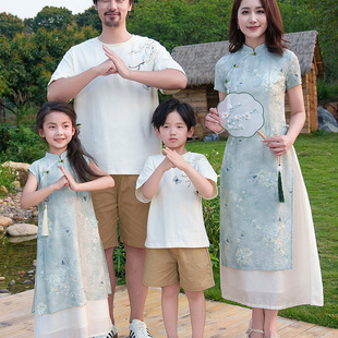 国风新中式假两件改良旗袍母女亲子装连衣裙2025夏季新款男套装