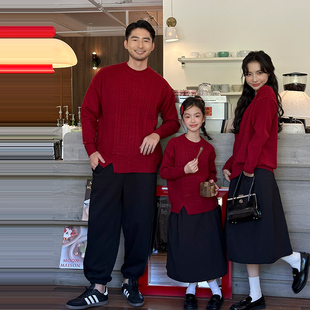 亲子装全家福2026新年一家三口四口母女母女装过年红色毛衣拜年服