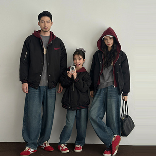 亲子装冬季一家三四口假二件连帽加厚棉服母子母女外套保暖棉衣潮