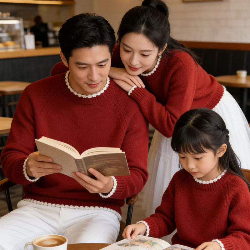 亲子装一家三四口红色针织加厚休闲圆领套头毛衣母子母女装家庭装,童装/婴儿装/亲子装,亲子装/亲子时装,淘宝优惠券,粉丝福利购,淘宝优惠卷