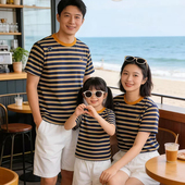 T恤一家三四口上衣母子母女全家装 刺绣条纹纯棉短袖 潮 夏装 亲子装