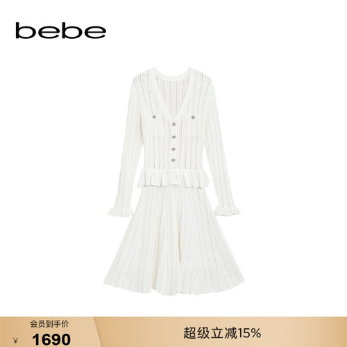 bebe2026冬季新款女士千金风立体肌理假两件收腰针织连衣裙