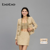 bebe春夏女士含羊毛金属仿钻链缀饰粗花呢夹克外套140301