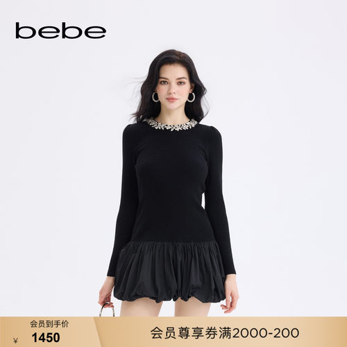 bebe秋冬女士圆领泡泡袖拼接设计针织连衣裙430908