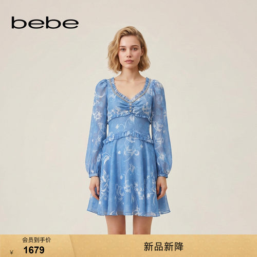 bebe2026秋季新款千金风立体烧花雪纺灯笼袖连衣裙350021