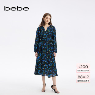 bebe秋季 系列女士气质V领大裙摆印花连衣裙350006