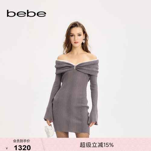 bebe女士优雅千金风含棉一字肩喇叭袖显瘦连衣裙330910