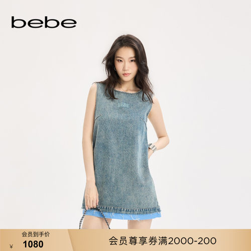 【明星同款】bebe女士含棉无袖圆领A字牛仔连衣裙350002