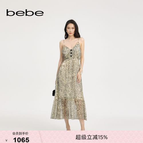 bebe夏季新款豹纹印花连衣裙