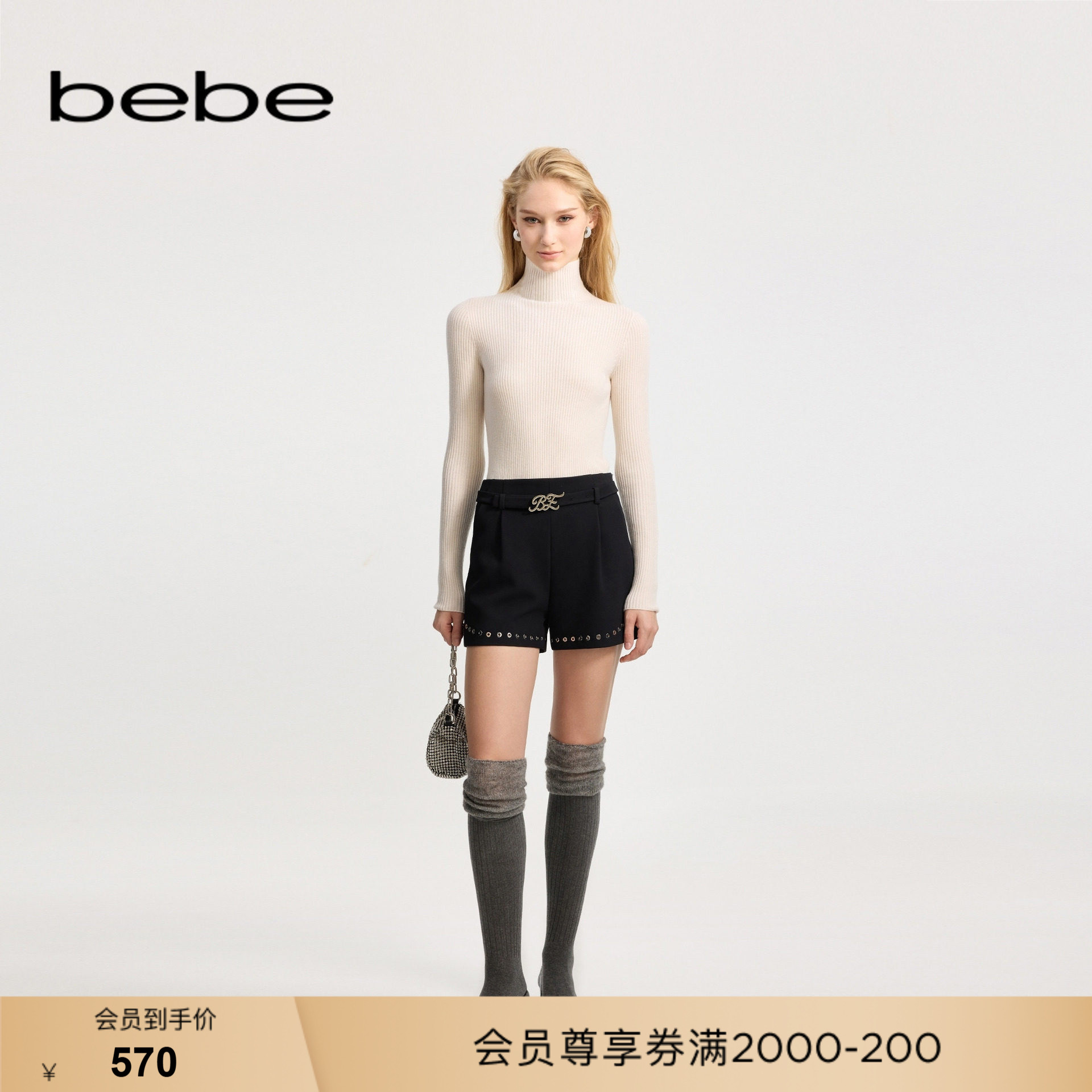bebe冬季新款脚口花边短裤图片