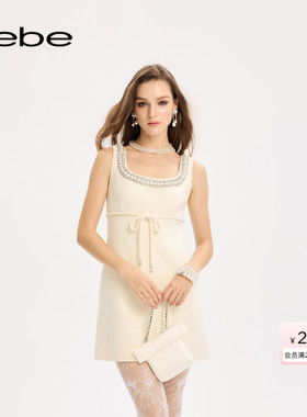 bebe2025秋季女士绵羊毛领口设计A字收腰无袖短裙350006