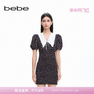 bebe2024夏季 女士印花花边领泡泡袖 经典 连衣裙250029 新款 延续