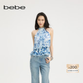 女士领部抽皱挂脖印花雪纺梭织小衫 bebe2025夏季 新款 280404
