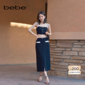 bebe夏季 系列女士气质简约撞色花边直筒长半身裙220001