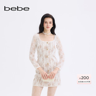 长袖 女士白色小香风蕾丝收腰修身 连衣裙350006 新款 bebe2025秋季