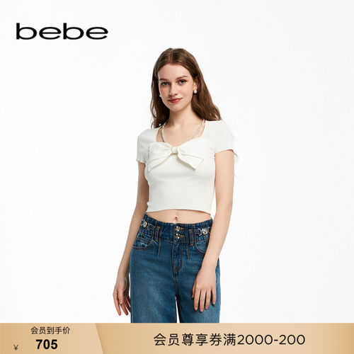 bebe夏季新款蝴蝶结针织上衣