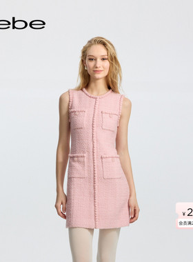 bebe冬季女士含羊毛甜美无袖短款粗花呢连衣裙450005