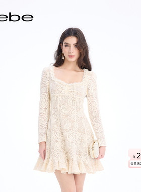bebe2026早春新款女士气质风蕾丝荷叶边裙摆收腰显瘦连衣裙150016