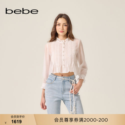 bebe2026夏季新款女士甜美风荷叶边立领七分袖蕾丝上衣280101