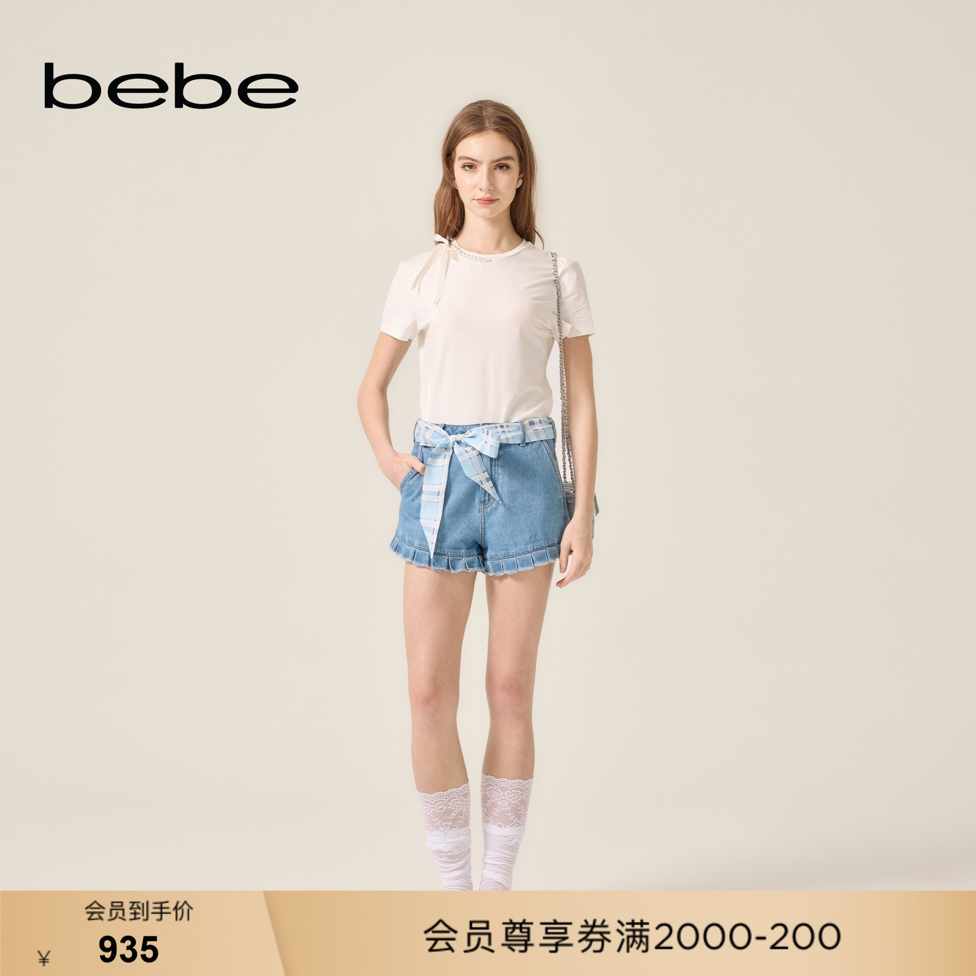 bebe2026夏季新款女士气质通勤百搭风腰带装饰牛仔短裤211501图片