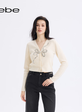 bebe2025秋冬新款绵羊毛V领修身显瘦蝴蝶结修饰针织开衫430611