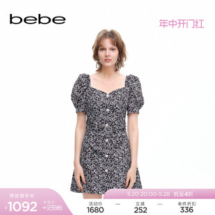 经典 延续 bebe2024夏季 收腰印花连衣裙250021 新款 心形领泡泡袖