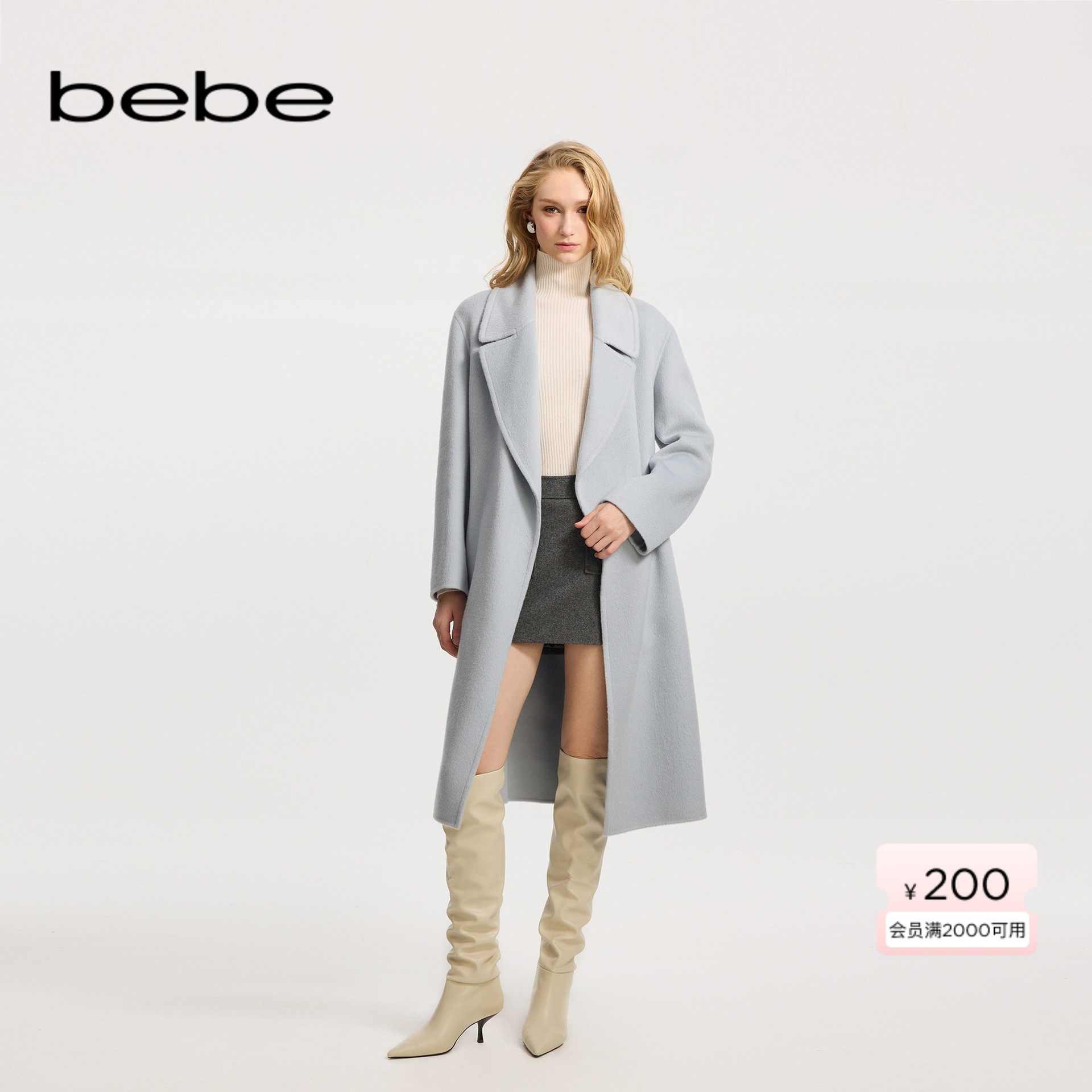 bebe冬季新款长袖宽松翻领大衣