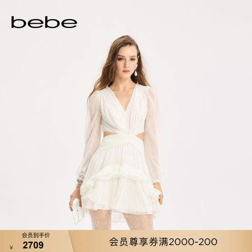 【陈妍希同款】bebe女士白色长袖荷叶边镂空连衣裙350004