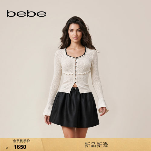 bebe2026秋季新款女士气质风真丝混纺撞色领边针织开衫330604